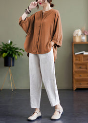 Orange Cotton Shirts Cinched Low High Design Batwing Sleeve