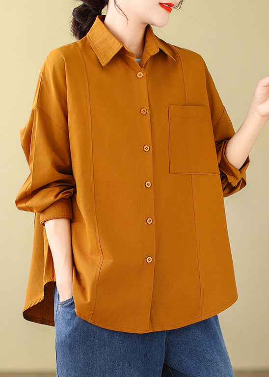 Orange Cozy Cotton Blouses Peter Pan Collar Fall