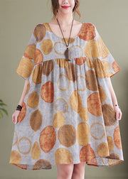 Orange Dot Print Cotton Vacation Dresses O-Neck Wrinkled Short Sleeve