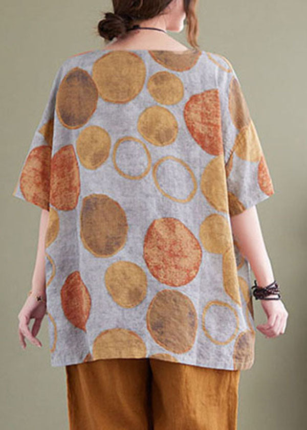 Orange Dot Print Linen Loose Tank Tops O-Neck Short Sleeve