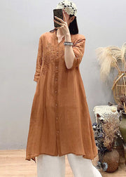 Orange Embroidered Linen Long Shirt Asymmetrical Design Three Quarter sleeve