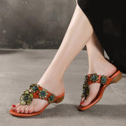 Orange Floral Cowhide Leather Thong Flip Flops - bagstylebliss