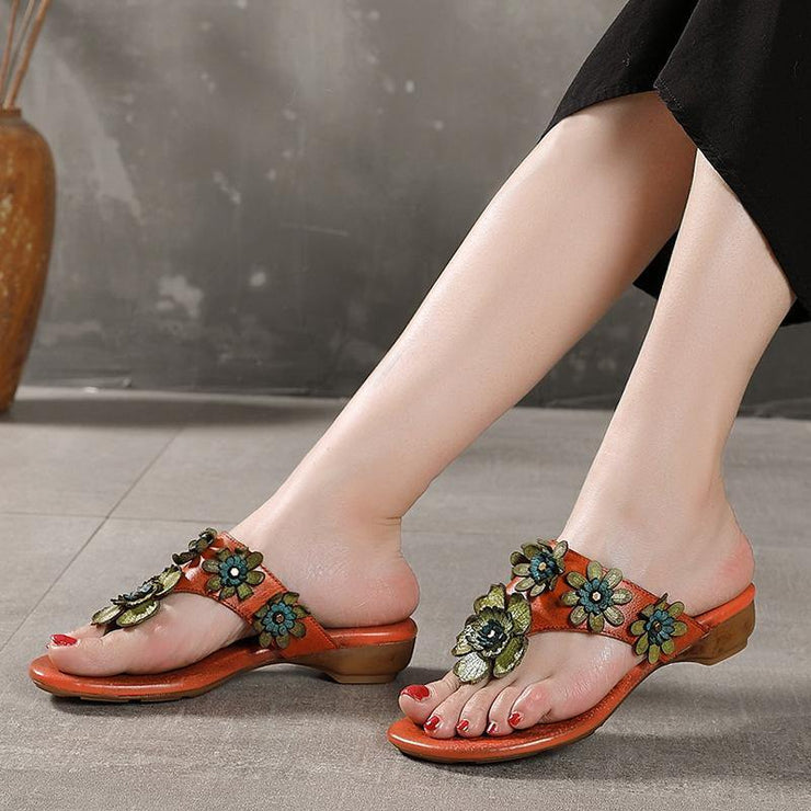 Orange Floral Cowhide Leather Thong Flip Flops - bagstylebliss