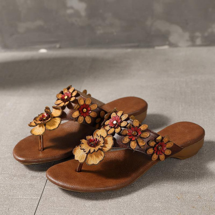 Orange Floral Cowhide Leather Thong Flip Flops - bagstylebliss