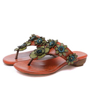 Orange Floral Cowhide Leather Thong Flip Flops - bagstylebliss