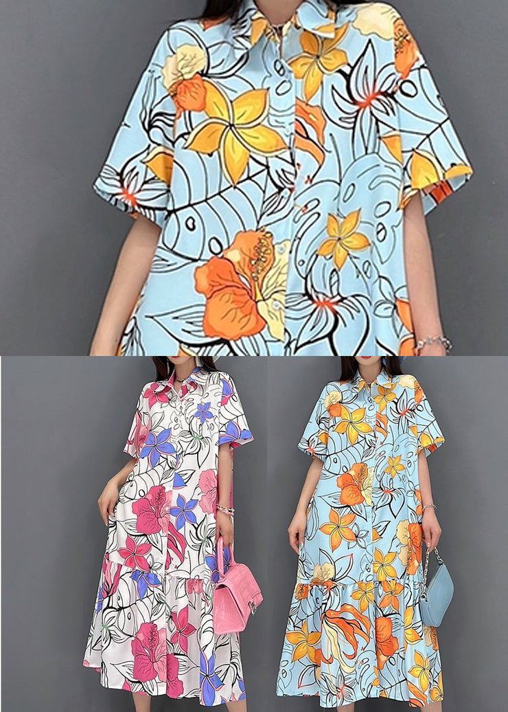 Orange Floral Print Patchwork Shirt Dress Button Wrinkled Short Sleeve