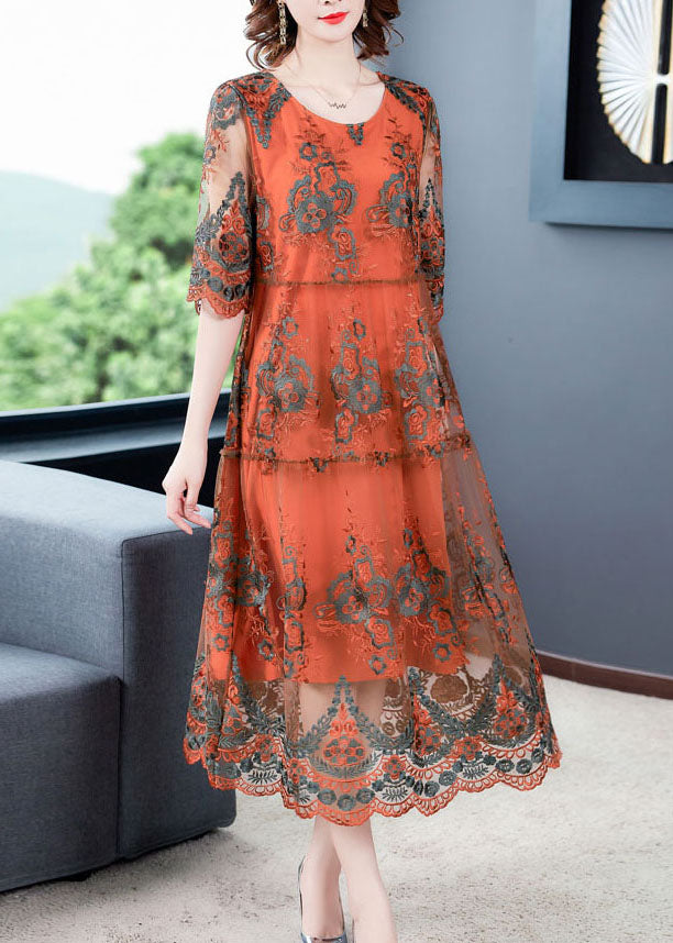 Orange Hollow Out Tulle Long Dress Embroideried Half Sleeve