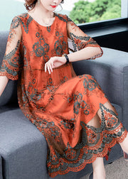 Orange Hollow Out Tulle Long Dress Embroideried Half Sleeve