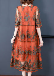 Orange Hollow Out Tulle Long Dress Embroideried Half Sleeve