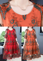 Orange Hollow Out Tulle Long Dress Embroideried Half Sleeve