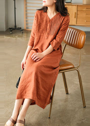 Orange Loose Linen Long Dresses Button Solid Half Sleeve