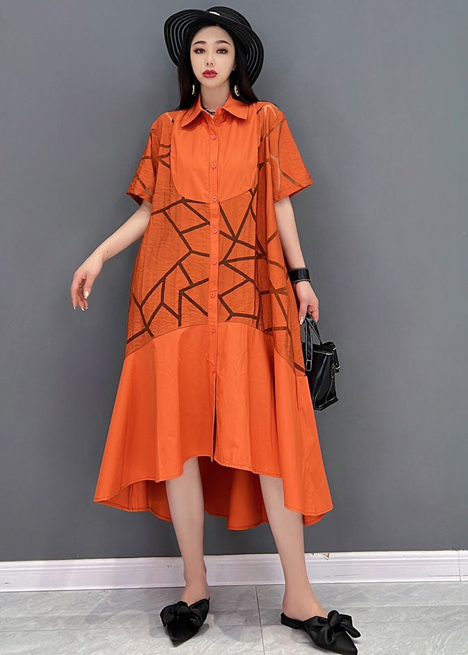 Orange Oversized Patchwork Cotton Shirt Dress Hollow Out Short Sleeve