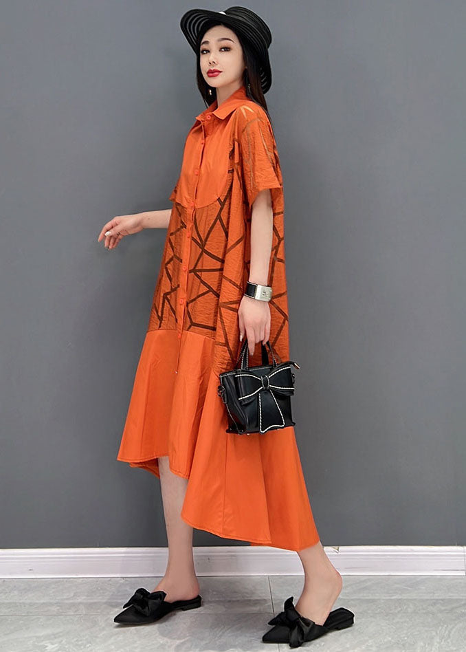 Orange Oversized Patchwork Cotton Shirt Dress Hollow Out Short Sleeve