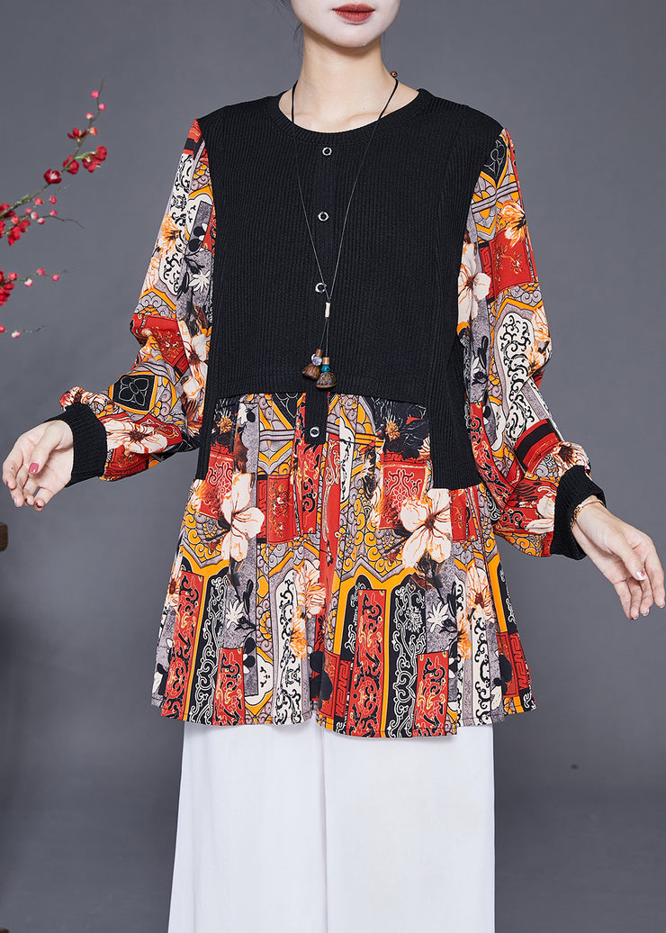 Orange Patchwork Chiffon Knit Fake Two Piece Blouses Fall