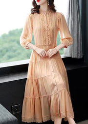 Orange Patchwork Silk Long Dresses Ruffled Stand Collar Button Fall