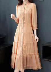 Orange Patchwork Silk Long Dresses Ruffled Stand Collar Button Fall