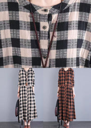 Orange Plaid Patchwork Cotton Dress Stand Collar Pockets Fall