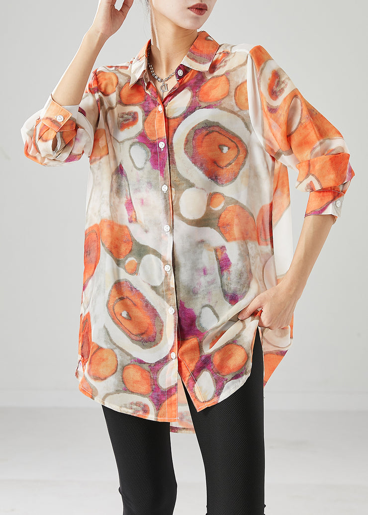 Orange Print Cotton Shirt Top Peter Pan Collar Fall