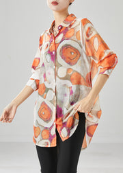 Orange Print Cotton Shirt Top Peter Pan Collar Fall