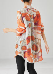 Orange Print Cotton Shirt Top Peter Pan Collar Fall