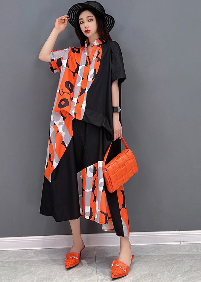 Orange Print Patchwork Oversized Dresses Stand Collar Short Sleeve