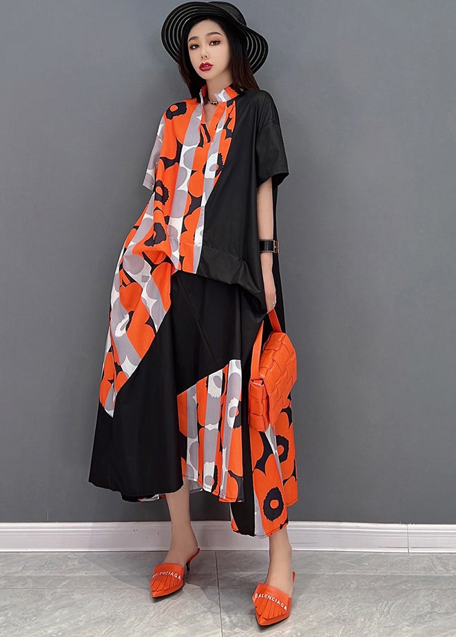 Orange Print Patchwork Oversized Dresses Stand Collar Short Sleeve