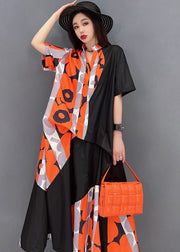 Orange Print Patchwork Oversized Dresses Stand Collar Short Sleeve