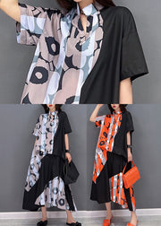 Orange Print Patchwork Oversized Dresses Stand Collar Short Sleeve