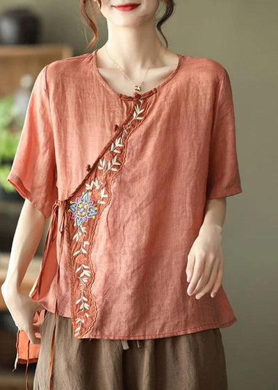 Orange Ramie Women Lace-up Embroidered Irregular Vintage T-shirt - bagstylebliss