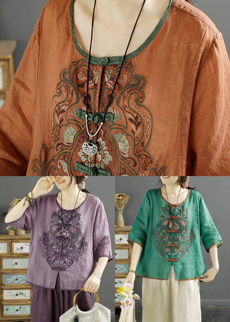 Orange Retro Linen Shirt Embroidered Chinese Button Summer