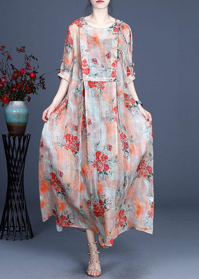 Orange Slim Fit Print Asymmetrical Summer Ramie Maxi Dress Half Sleeve - bagstylebliss