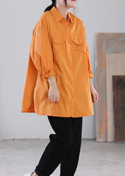 Orange Solid Color Patchwork Cotton Shirt Tops Asymmetrical Pockets Long Sleeve