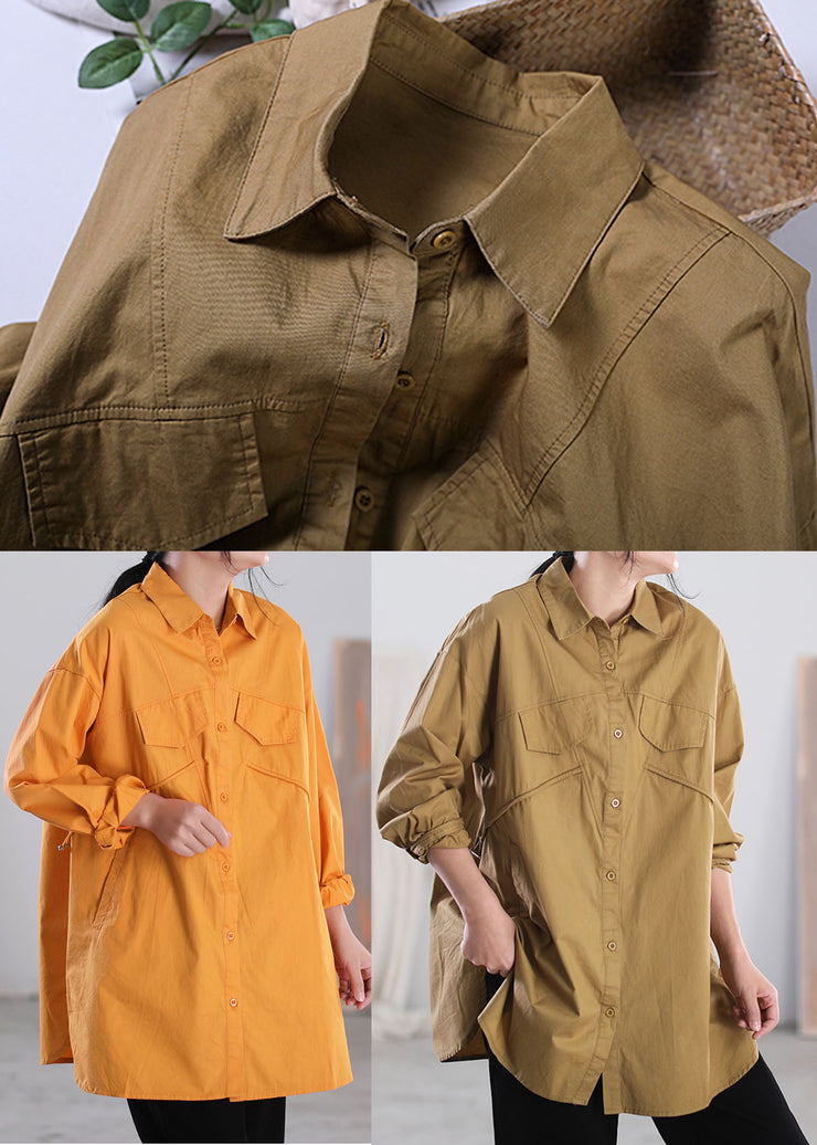 Orange Solid Color Patchwork Cotton Shirt Tops Asymmetrical Pockets Long Sleeve