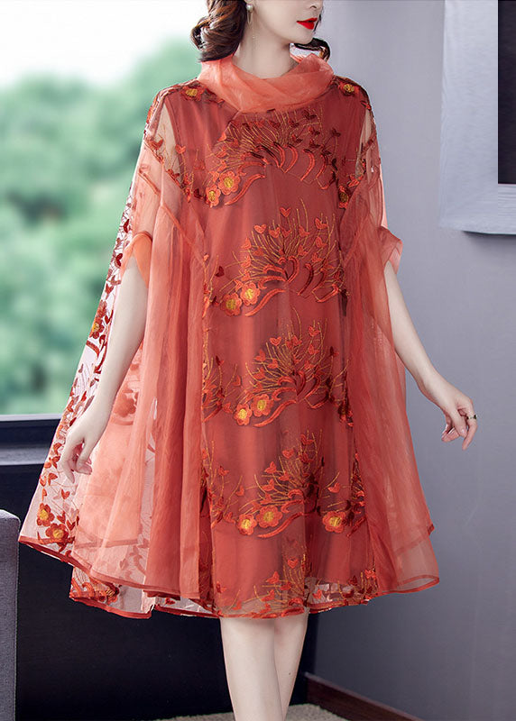 Orange Tulle Patchwork Dress Turtle Neck Spring