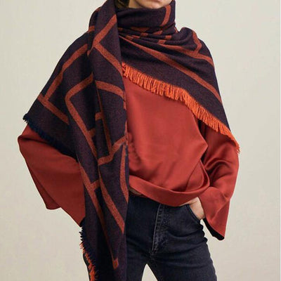 Orange geometric big scarf shawl thickened autumn and winter double-sided dual-use - bagstylebliss
