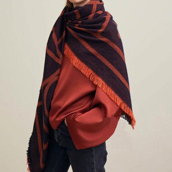 Orange geometric big scarf shawl thickened autumn and winter double-sided dual-use - bagstylebliss