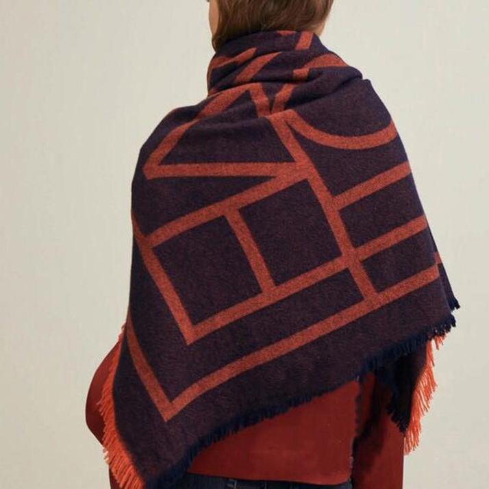 Orange geometric big scarf shawl thickened autumn and winter double-sided dual-use - bagstylebliss