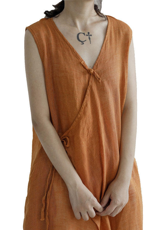 Orange tie waist Linen Holiday Dress Asymmetrical Sleeveless