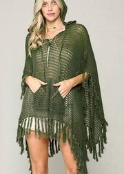 Organic Army Green knit fabric hooded Tassel Beach Gown Holiday Dress - bagstylebliss
