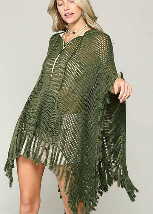 Organic Army Green knit fabric hooded Tassel Beach Gown Holiday Dress - bagstylebliss