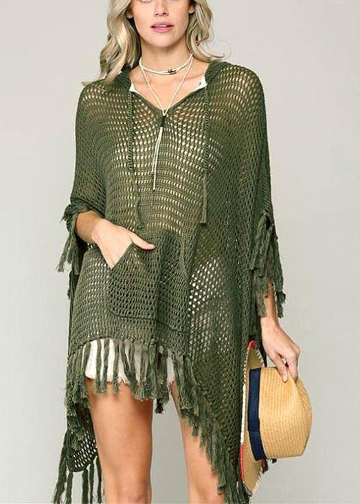 Organic Army Green knit fabric hooded Tassel Beach Gown Holiday Dress - bagstylebliss