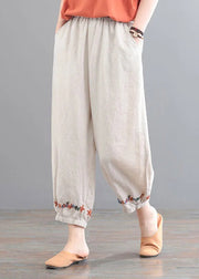 Organic Beige Bestickte Blumentaschen Crop Pants Summer