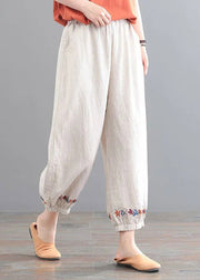 Organic Beige Embroideried Floral Pockets Crop Pants Summer