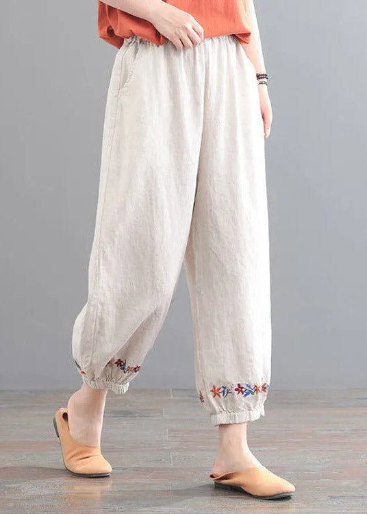 Organic Beige Bestickte Blumentaschen Crop Pants Summer