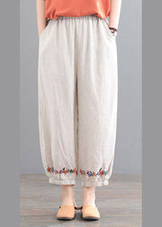 Organic Beige Bestickte Blumentaschen Crop Pants Summer