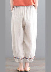 Organic Beige Embroideried Floral Pockets Crop Pants Summer