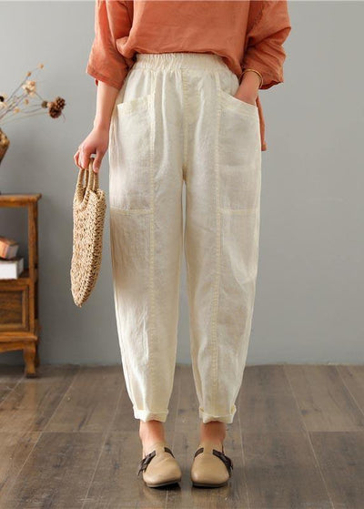 Organic Beige High Waist Harem Cotton Linen Pants Summer - bagstylebliss