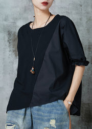 Organic Black Asymmetrical Patchwork Cotton Shirt Half Sleeve