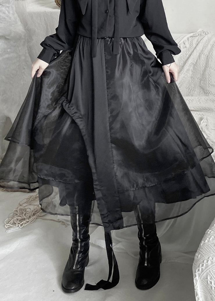 Organic Black Elastic Waist Layered Organza Maxi Skirt