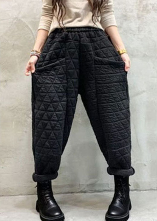 Organic Black Elastic Waist Thick Pockets Casual Winter Pants